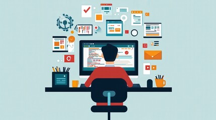 Modern Web Development: Flat Design Illustration of a Web Developer Coding Websites and Applications on a Computer