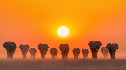 Sticker - African Elephant Herd Walking at Sunset in Dust