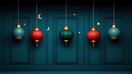 Ramadan Lanterns Hanging on Blue Wall