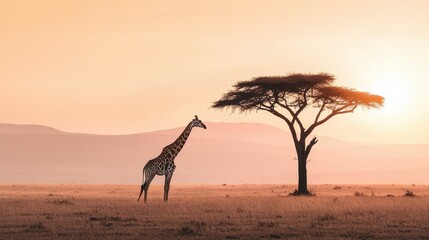 Wall Mural - Giraffe Silhouette in African Sunset with Acacia Tree