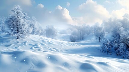 Sticker - A serene winter landscape with snow-covered hills and trees under a bright sky.