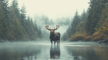 Poster - Moose in Foggy Forest River