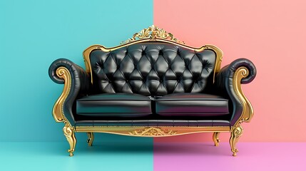 Wall Mural - luxury black leather two seater sofa with gold frame isolated on colorful background