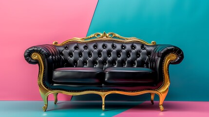 Wall Mural - luxury black leather two seater sofa with gold frame isolated on colorful background