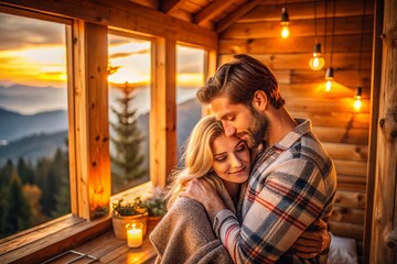 soft warm golden hour love nest cozy cabin atmosphere young couple cuddling wellness retreat relaxation intimacy connection warmth