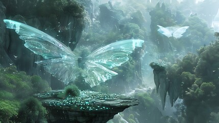 Wall Mural - translucent butterfly with glowing wings hovers above a rocky ledge enchanted forest. the air is fil