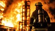 © hiiDeE - firefighter in full gear battling intense flames from a burning building at night, copy space