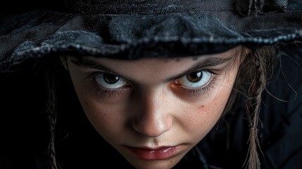 Young Girl with Intense Gaze Looking Upwards