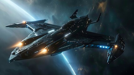 Wall Mural - futuristic spaceship is seen soaring through the cosmos against a backdrop of stars and a distant pl