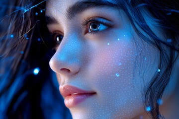 Poster - Close up of a young woman with shimmering digital particles on her face representing the blending of technology and human elements in a futuristic immersive experience