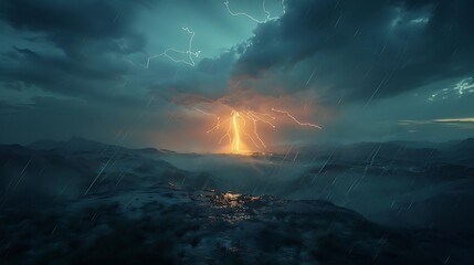 Canvas Print - A dramatic landscape featuring a lightning storm illuminating the sky over distant mountains.