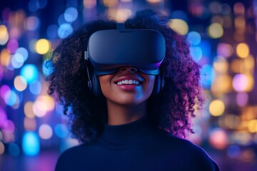 Canvas Print - Smiling woman with curly hair wearing a VR headset immersed in a vibrant digital world full of colorful lights representing the joy of exploring new realities and digital environments