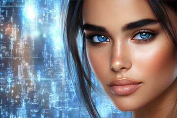 Sticker - Close up of a young woman with blue eyes surrounded by digital particles representing the merging of human emotion and advanced technology in a captivating futuristic visual experience