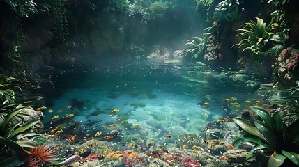 Poster - A serene underwater scene with vibrant fish and lush vegetation surrounding a tranquil pool.