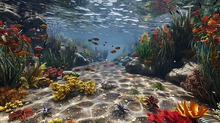 Wall Mural - A vibrant underwater scene filled with colorful fish and diverse marine plants.