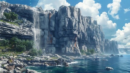 Poster - A serene landscape featuring towering cliffs, a waterfall, and a tranquil ocean view.