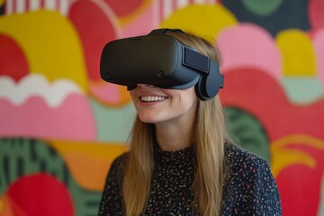 Wall Mural - smiling woman wearing a vr headset standing against a colorful abstract background exploring the vib