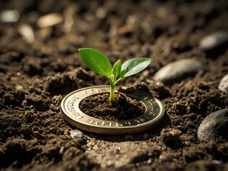 a small plant growing on a coin lying on the ground. Green investment concept, Collecting money to invest. Financial growth concept