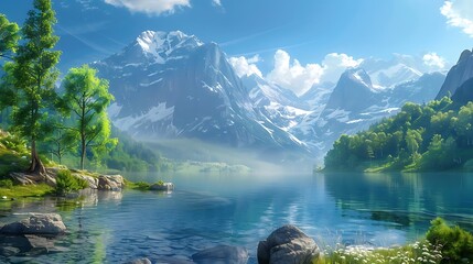 Sticker - A serene landscape featuring mountains, a lake, and lush greenery under a clear sky.