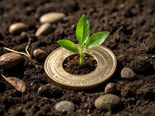 a small plant growing on a coin lying on the ground. Green investment concept, Collecting money to invest. Financial growth concept