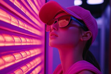 Canvas Print - Woman in pink VR headset bathed in vibrant neon light exploring the dynamic intersection of fashion technology and digital art in a futuristic immersive world