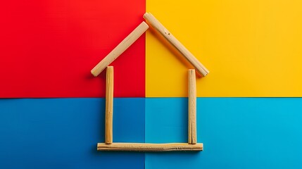 Minimalist style with colourful house construction form by wooden stick for kid learning isolated on colorful background