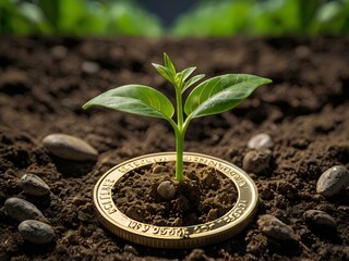 a small plant growing on a coin lying on the ground. Green investment concept, Collecting money to invest. Financial growth concept