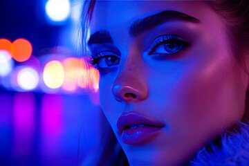 Wall Mural - Close up of a woman in a VR headset her face illuminated by blue and pink neon lights exploring a futuristic digitally immersive world filled with vibrant colors and dynamic experiences