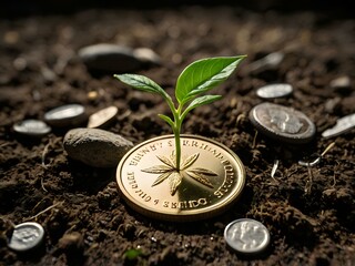 a small plant growing on a coin lying on the ground. Green investment concept, Collecting money to invest. Financial growth concept