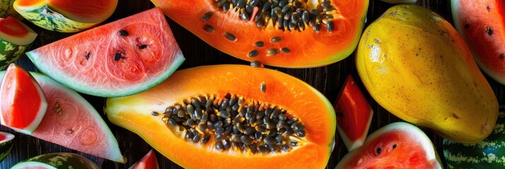 Canvas Print - Colorful Tropical Fruit Platter Featuring Yellow Watermelon, Guava, and Papaya with Seeds