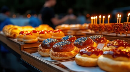 Delicious Doughnuts with Blue and Gold Sprinkles at a Bakery