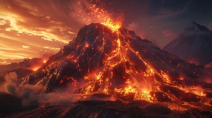 Canvas Print - A volcanic eruption with lava flows and dramatic skies at sunset.