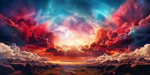 Wall Mural - A colorful sky with clouds and a sun in the background