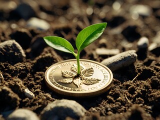 a small plant growing on a coin lying on the ground. Green investment concept, Collecting money to invest. Financial growth concept