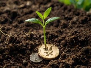 a small plant growing on a coin lying on the ground. Green investment concept, Collecting money to invest. Financial growth concept