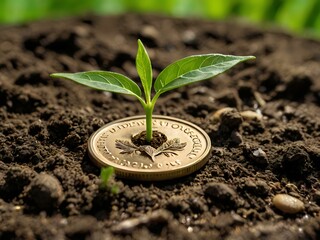 a small plant growing on a coin lying on the ground. Green investment concept, Collecting money to invest. Financial growth concept