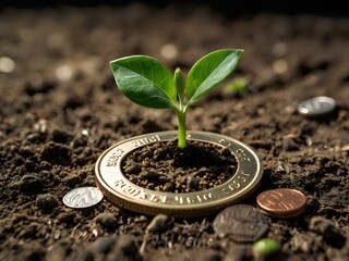 a small plant growing on a coin lying on the ground. Green investment concept, Collecting money to invest. Financial growth concept