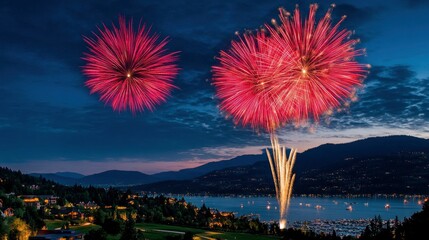 Wall Mural - festive fireworks display over a mountain lake