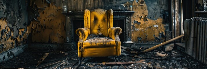 Poster - Eerie yellow chair in an abandoned, rundown house