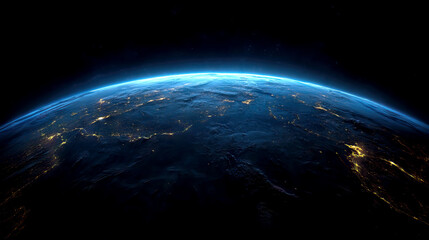 view of the horizon from orbit of a planet with atmosphere, the dark side of a world with cities glo