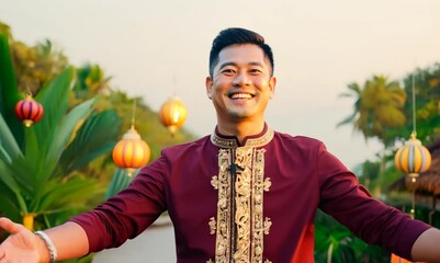 Wall Mural - Timelapse of Vietnamese Man Smiling and Welcoming in Traditional Attire