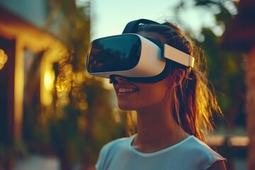 Wall Mural - Woman wearing a VR headset outdoors bathed in golden light representing the blend of technology and natural environments in a serene immersive experience