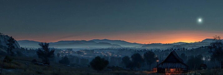 Poster - A serene night landscape with mountains, mist, and a small cabin illuminated by stars.