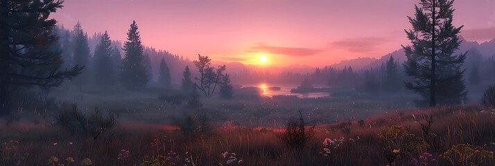 Wall Mural - A serene landscape at sunrise with mist, trees, and a reflective lake.