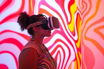 Wall Mural - woman with braided hair wearing a vr headset against a swirling red and white background representin