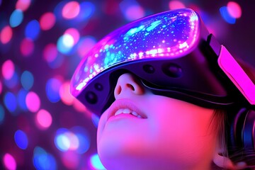 Wall Mural - young girl wearing a sparkling vr headset in a vibrant environment representing the excitement and w