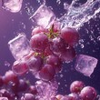 © Arora Chan - Kyoho grape slices and ice cubes crashing together on a deep purple background, with rich grape juice and ice splashes flying