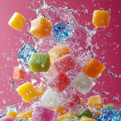 Colorful candy pieces and ice cubes crashing together on a vibrant, multi-colored background, with candy shards and splashes flying