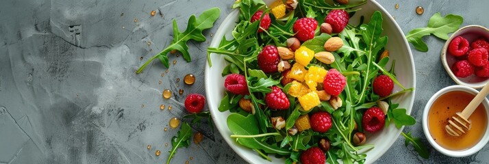 Vibrant summer salad featuring arugula, red and yellow raspberries, hazelnuts, and a honey dressing in a rustic white ceramic bowl.