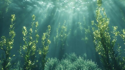 Wall Mural - Underwater scene with sunlight filtering through, illuminating aquatic plants.